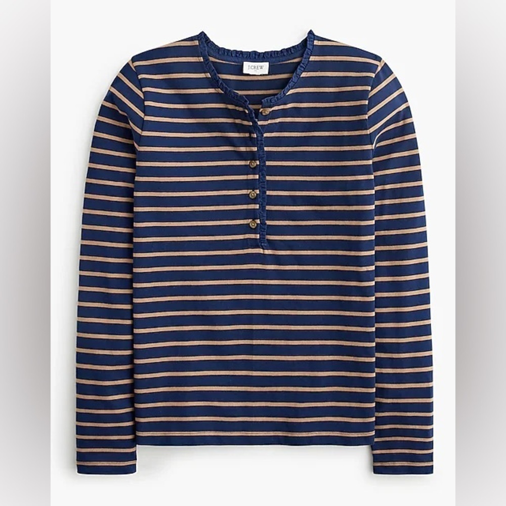 NWOT j crew antique navy camel Striped ruffle-collar henley